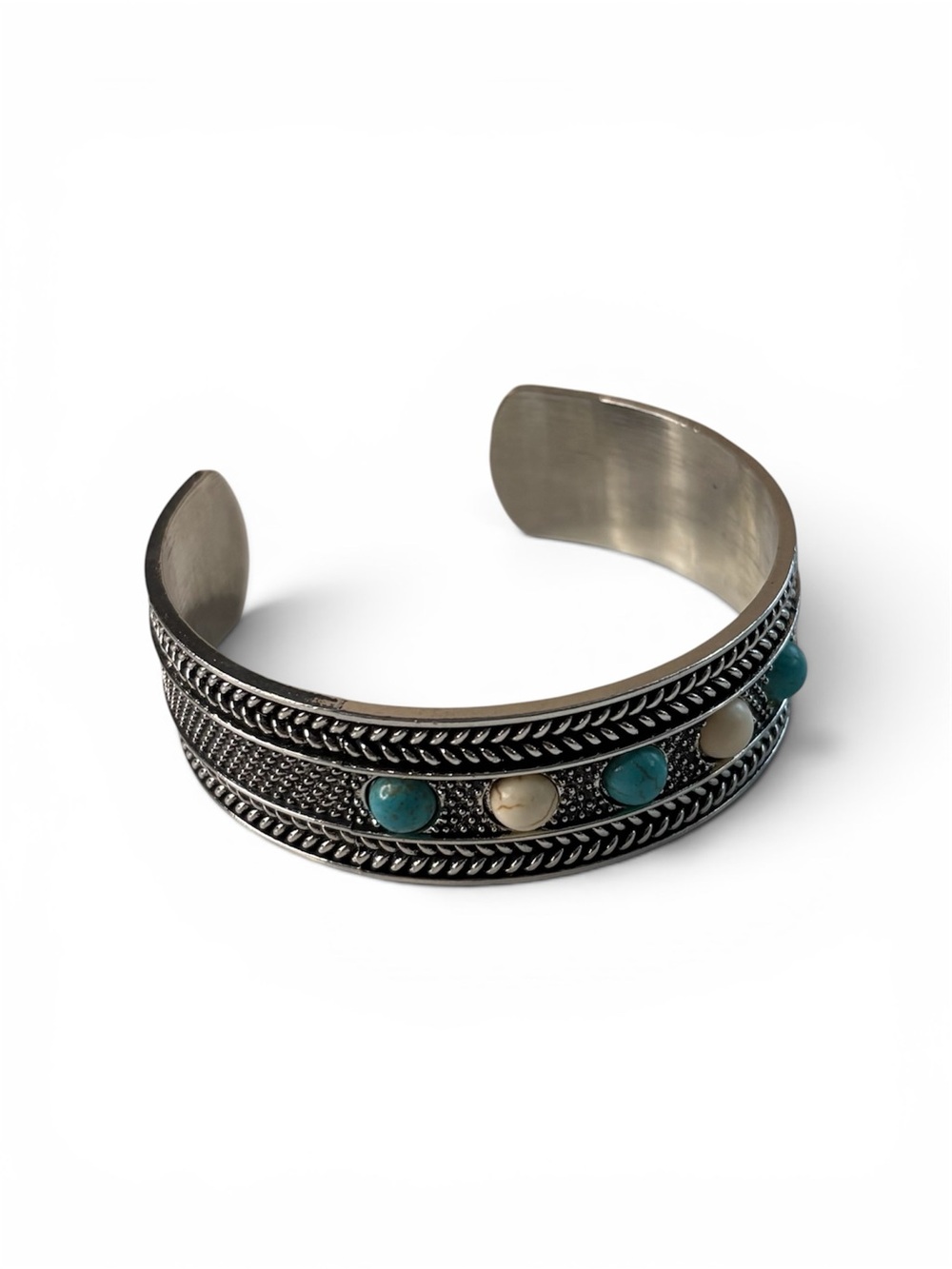 Silver Cuff Bracelet with Turquoise and Cream Stone Accents